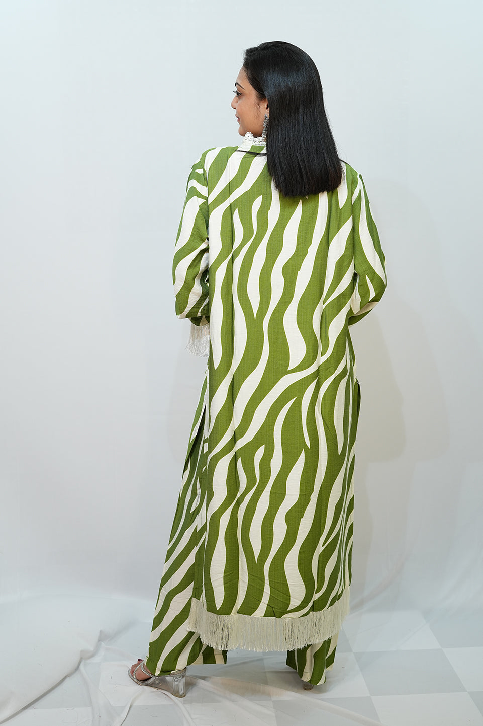 Bling Fabrics Cord Set for Women Stylish Zebra Pattern Green And White Multicolour Poly Rayon - Resham Lace 1- 10