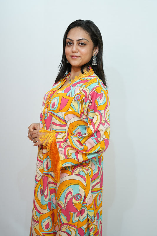 Bling Fabrics Cord Set for Women Stylish Abstarct Pattern Yellow Multicolour Poly Rayon - Resham Lace 1- 09