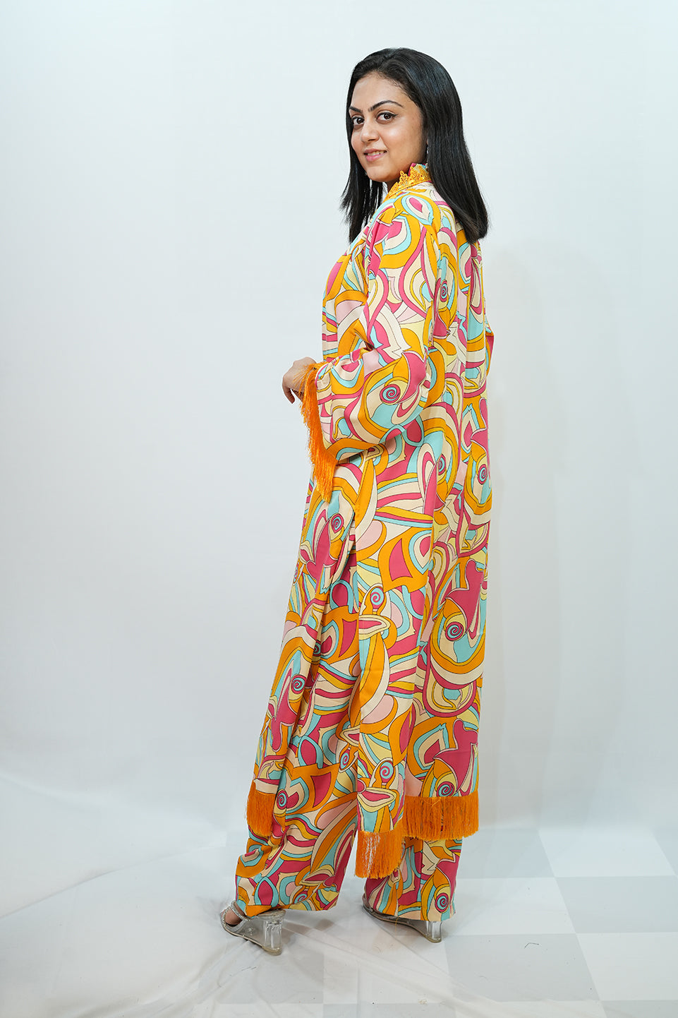 Bling Fabrics Cord Set for Women Stylish Abstarct Pattern Yellow Multicolour Poly Rayon - Resham Lace 1- 09