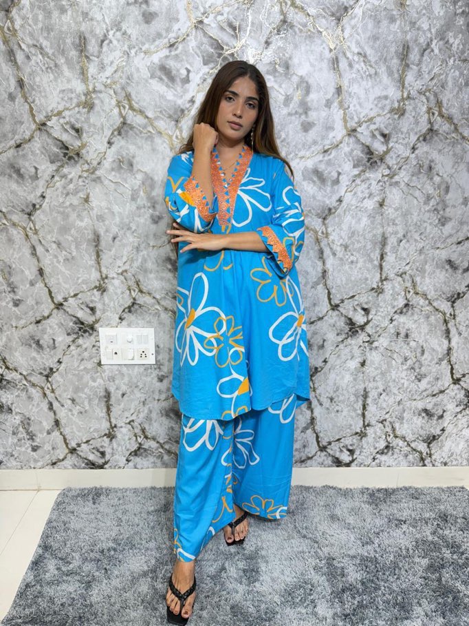 Aabroo Blue Floral Pakistani Neck Co-Ord Set