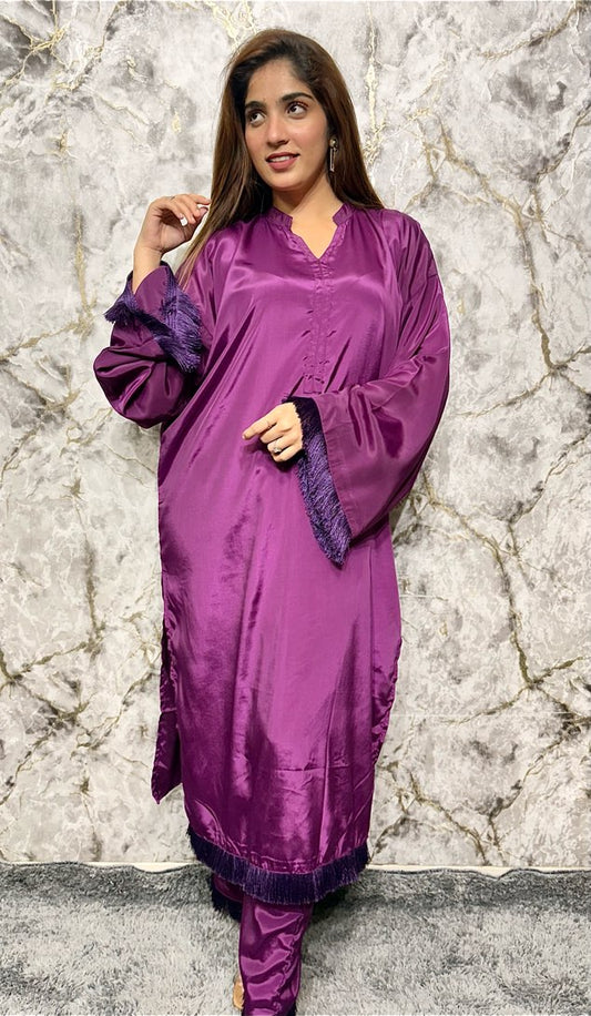 Royal Plum Silk Resham Plain Lace Co-Ord Set