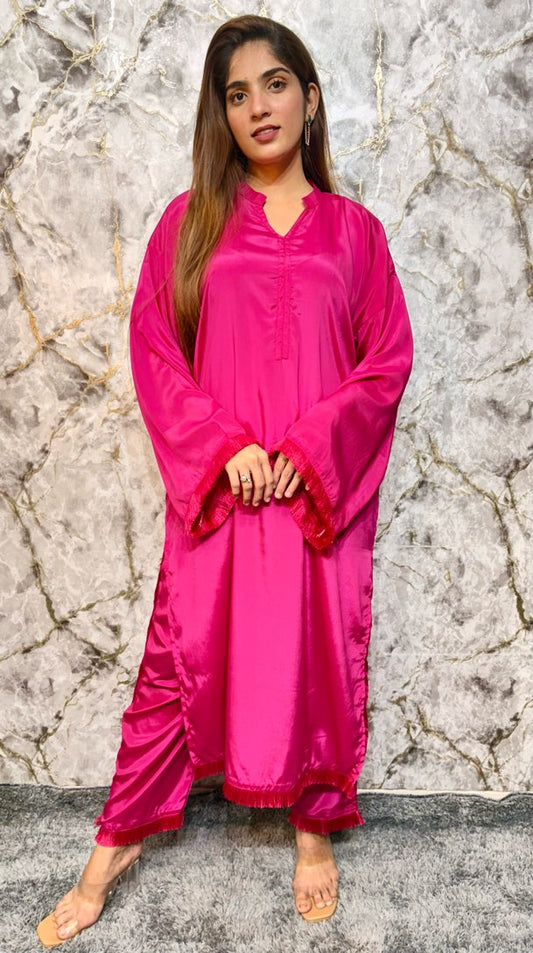 Rani Pink Silk Resham Plain Lace Co-Ord Set