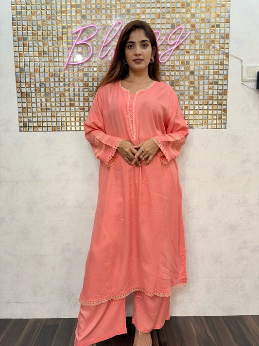 Aarzoo Peach Imported Rayon Lace Co-Ord Set