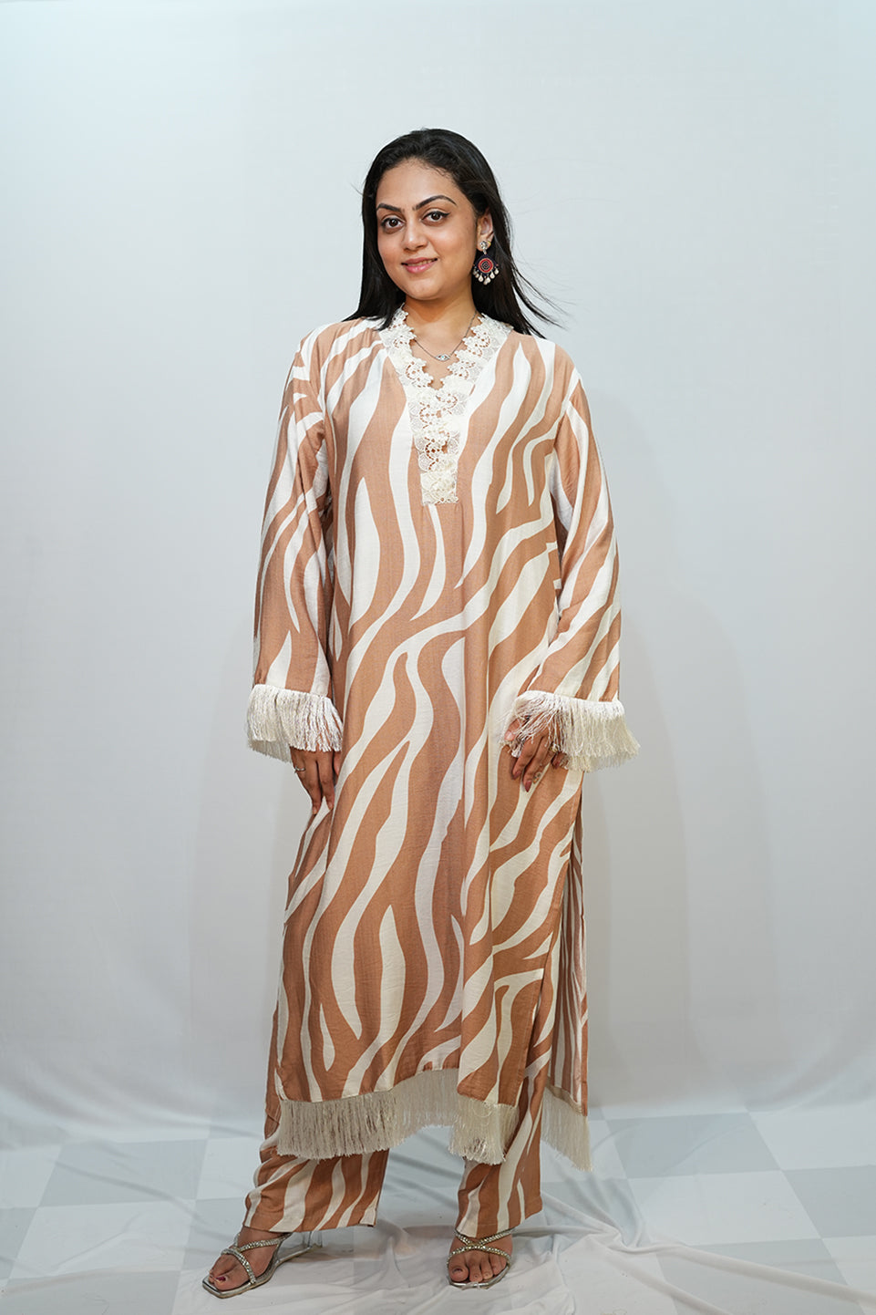 Bling Fabrics Cord Set for Women Stylish Zebra Pattern Cream and Whute Poly Rayon - Resham Lace 1- 12