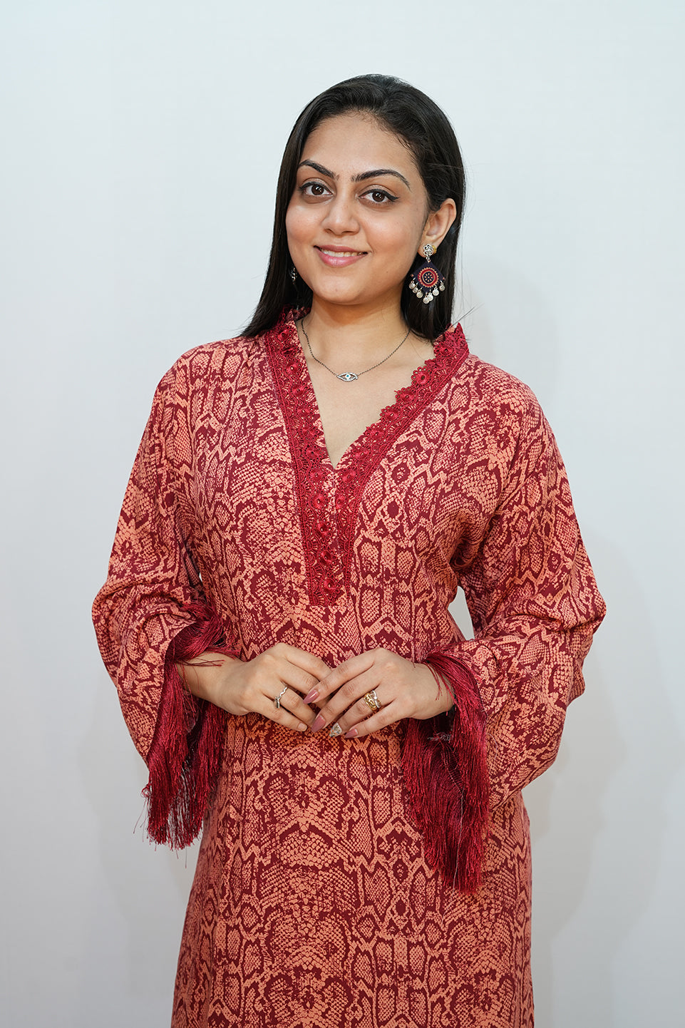 Bling Fabrics Cord Set for Women Stylish Snake Pattern Red Ornage Poly Rayon - Resham Lace 1- 11