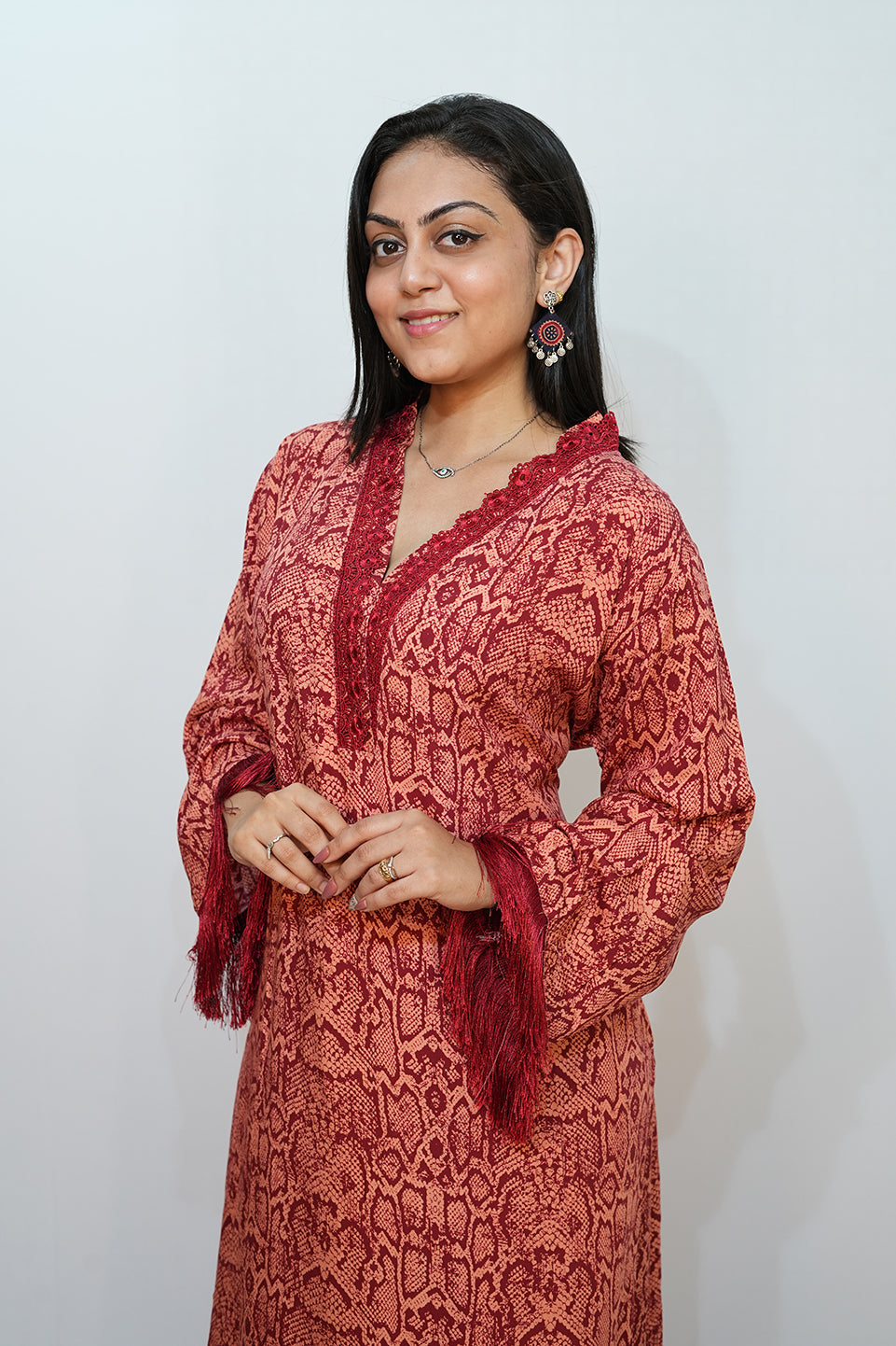 Bling Fabrics Cord Set for Women Stylish Snake Pattern Red Ornage Poly Rayon - Resham Lace 1- 11