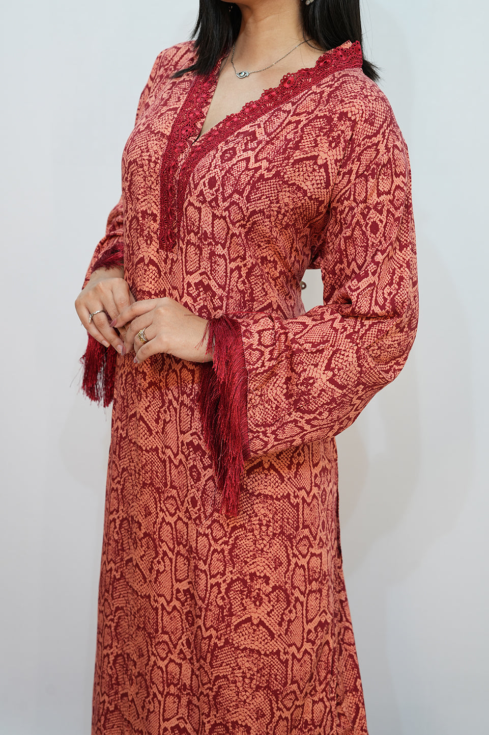 Bling Fabrics Cord Set for Women Stylish Snake Pattern Red Ornage Poly Rayon - Resham Lace 1- 11