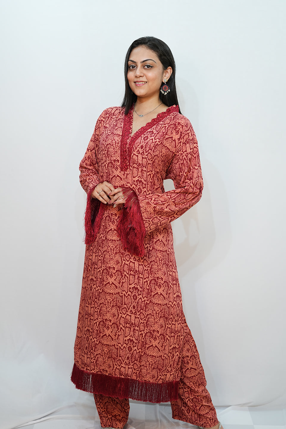 Bling Fabrics Cord Set for Women Stylish Snake Pattern Red Ornage Poly Rayon - Resham Lace 1- 11