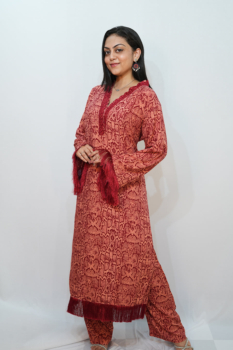 Bling Fabrics Cord Set for Women Stylish Snake Pattern Red Ornage Poly Rayon - Resham Lace 1- 11