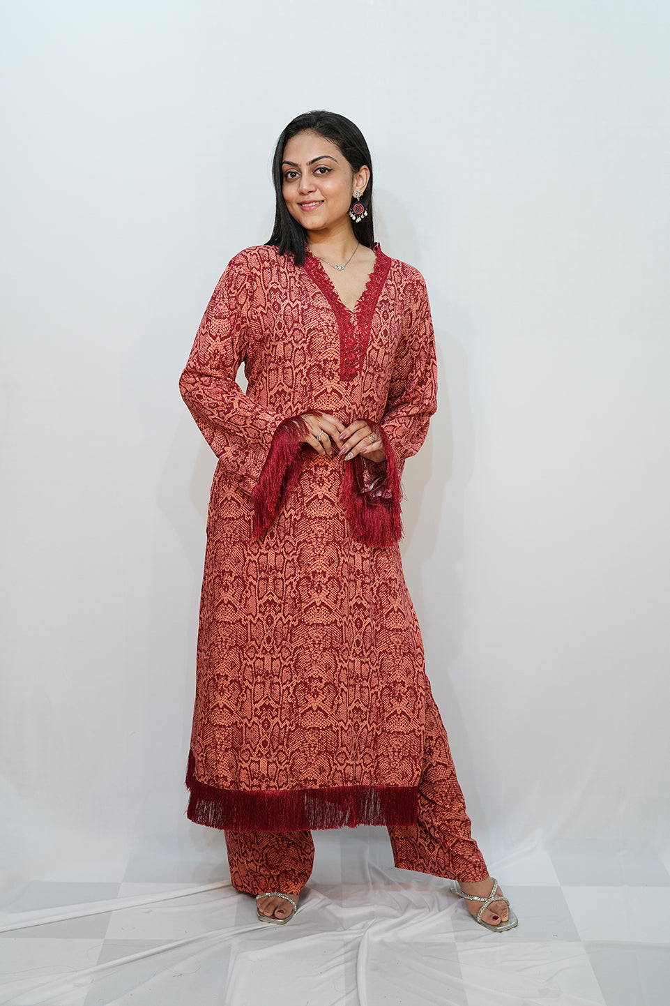 Bling Fabrics Cord Set for Women Stylish Snake Pattern Red Ornage Poly Rayon - Resham Lace 1- 11
