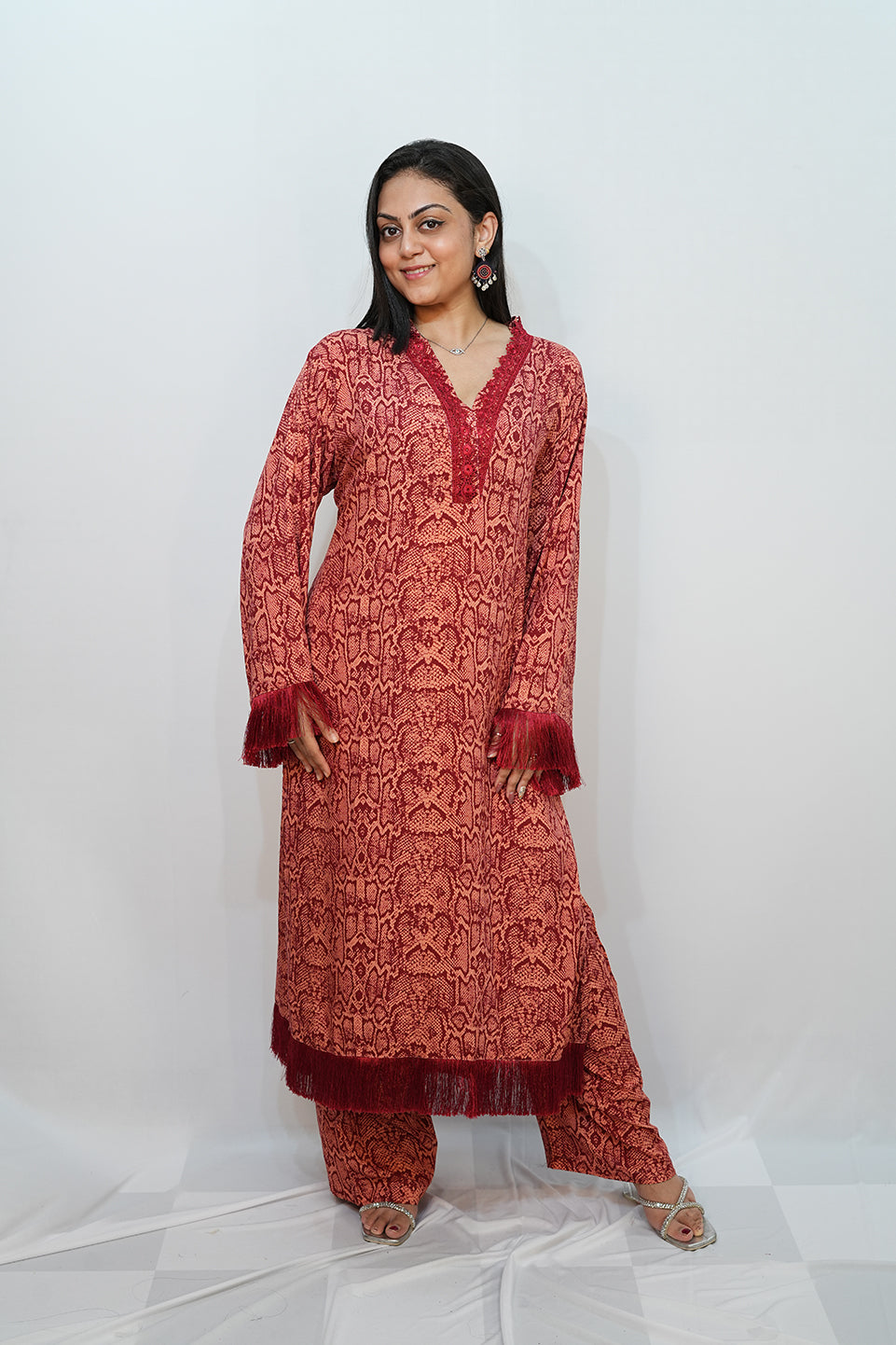 Bling Fabrics Cord Set for Women Stylish Snake Pattern Red Ornage Poly Rayon - Resham Lace 1- 11