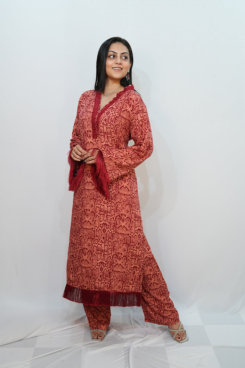 Bling Fabrics Cord Set for Women Stylish Snake Pattern Red Ornage Poly Rayon - Resham Lace 1- 11