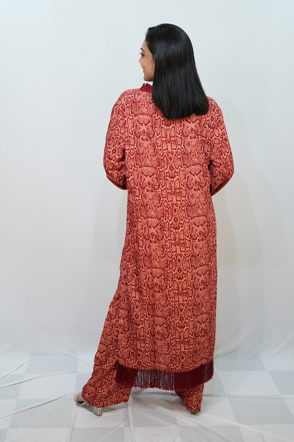 Bling Fabrics Cord Set for Women Stylish Snake Pattern Red Ornage Poly Rayon - Resham Lace 1- 11