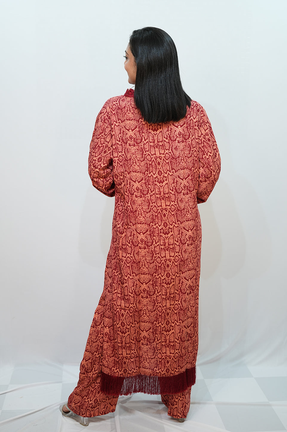 Bling Fabrics Cord Set for Women Stylish Snake Pattern Red Ornage Poly Rayon - Resham Lace 1- 11