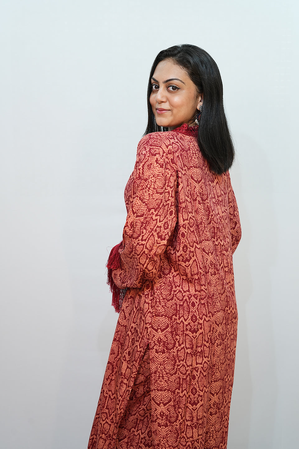 Bling Fabrics Cord Set for Women Stylish Snake Pattern Red Ornage Poly Rayon - Resham Lace 1- 11