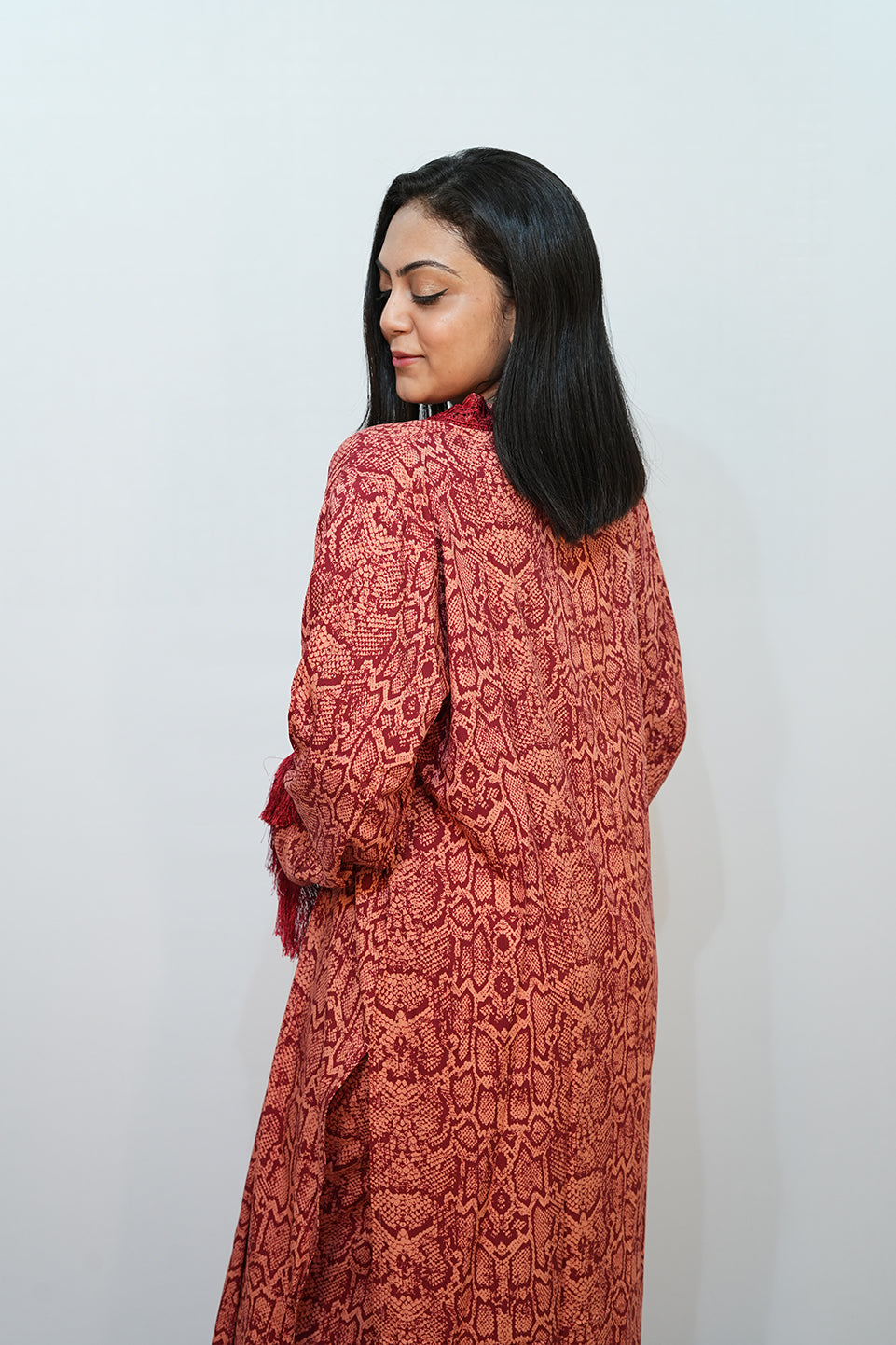 Bling Fabrics Cord Set for Women Stylish Snake Pattern Red Ornage Poly Rayon - Resham Lace 1- 11