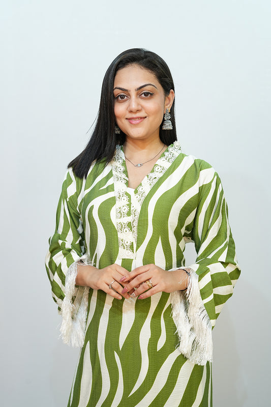 Bling Fabrics Cord Set for Women Stylish Zebra Pattern Green And White Multicolour Poly Rayon -  Resham Lace 1- 10