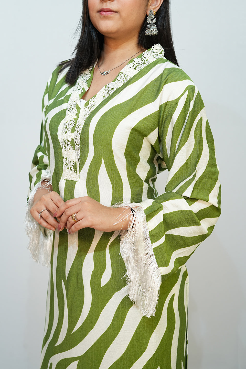 Bling Fabrics Cord Set for Women Stylish Zebra Pattern Green And White Multicolour Poly Rayon -  Resham Lace 1- 10