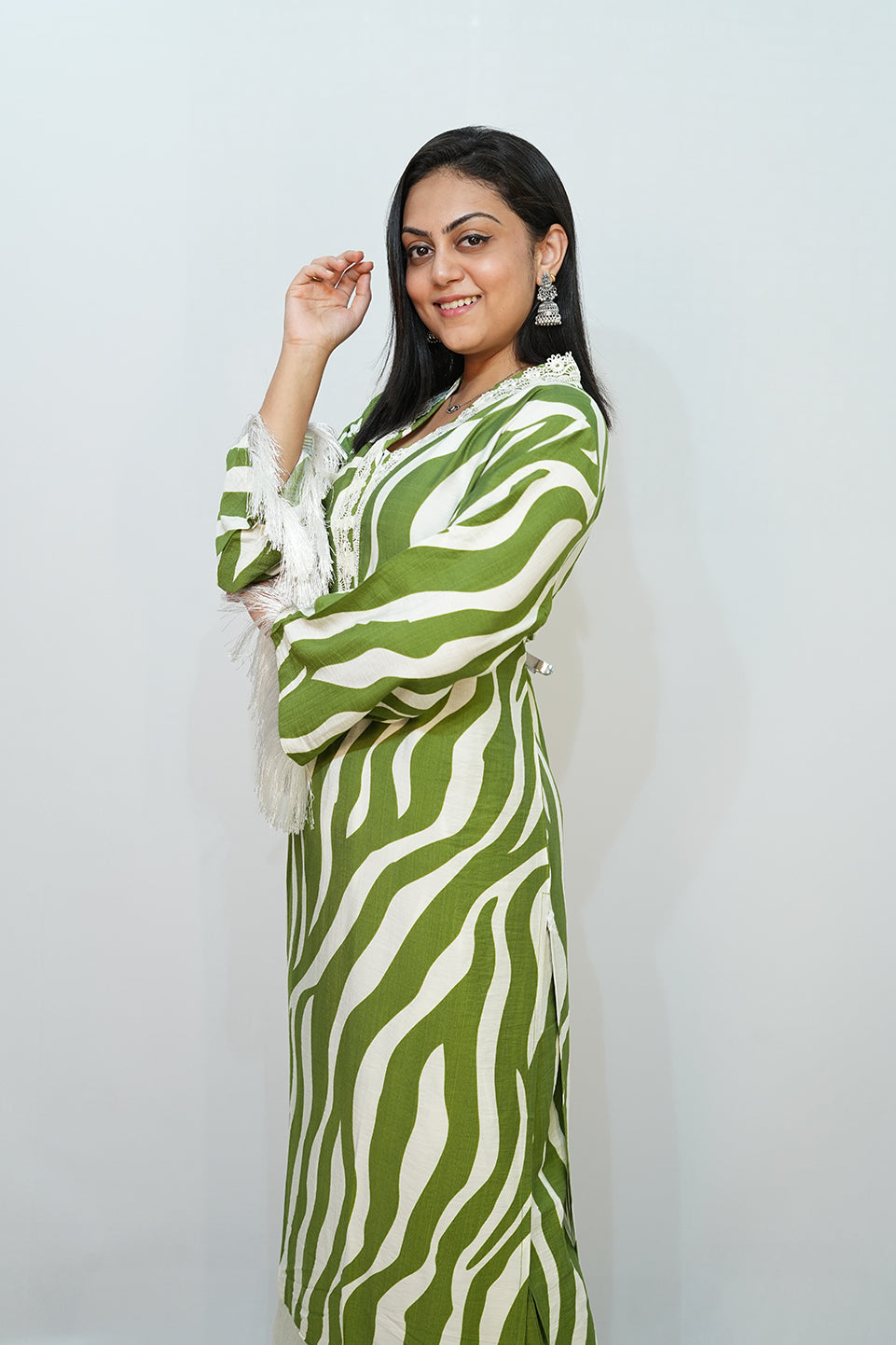 Bling Fabrics Cord Set for Women Stylish Zebra Pattern Green And White Multicolour Poly Rayon -  Resham Lace 1- 10
