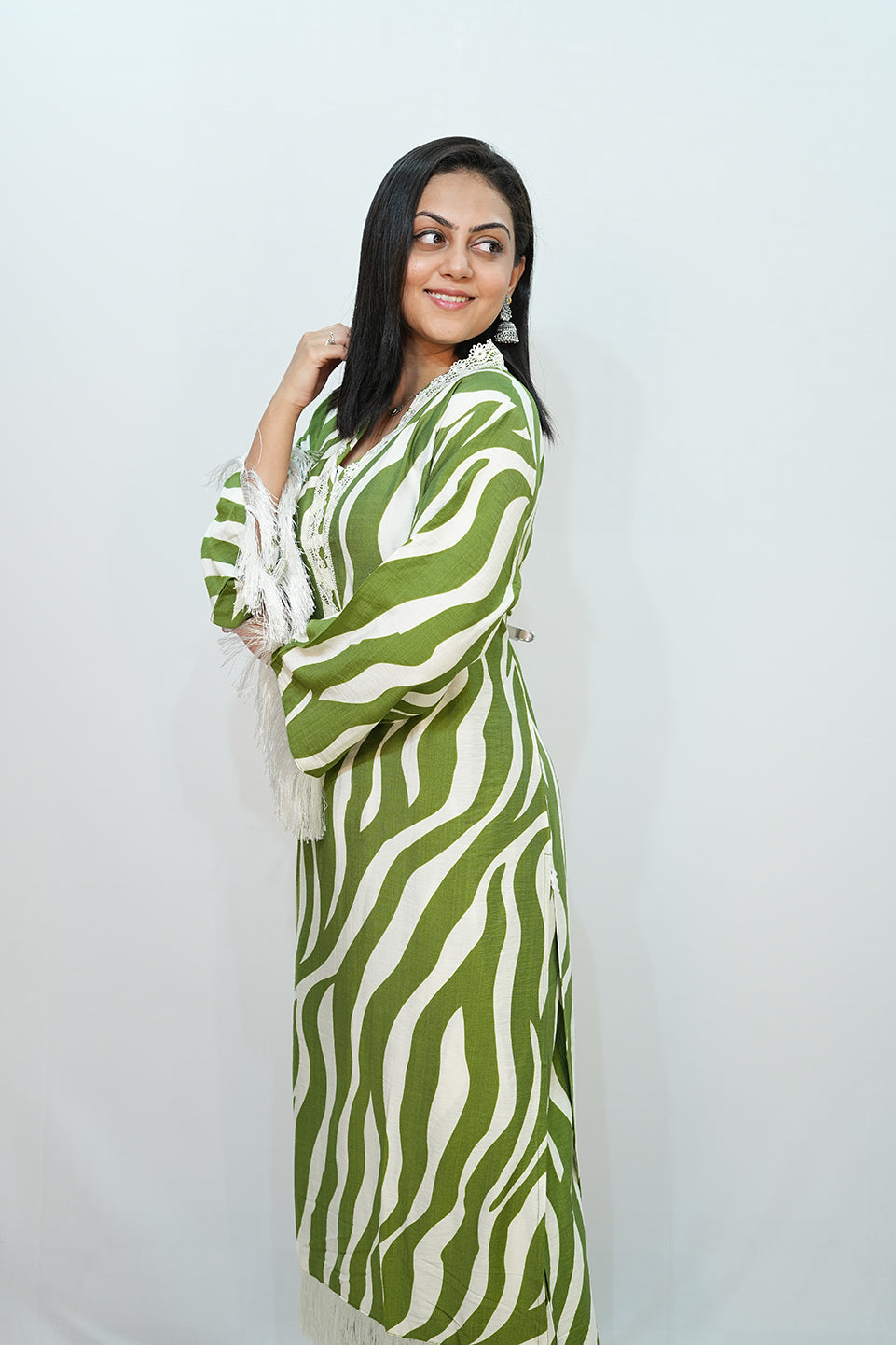 Bling Fabrics Cord Set for Women Stylish Zebra Pattern Green And White Multicolour Poly Rayon -  Resham Lace 1- 10