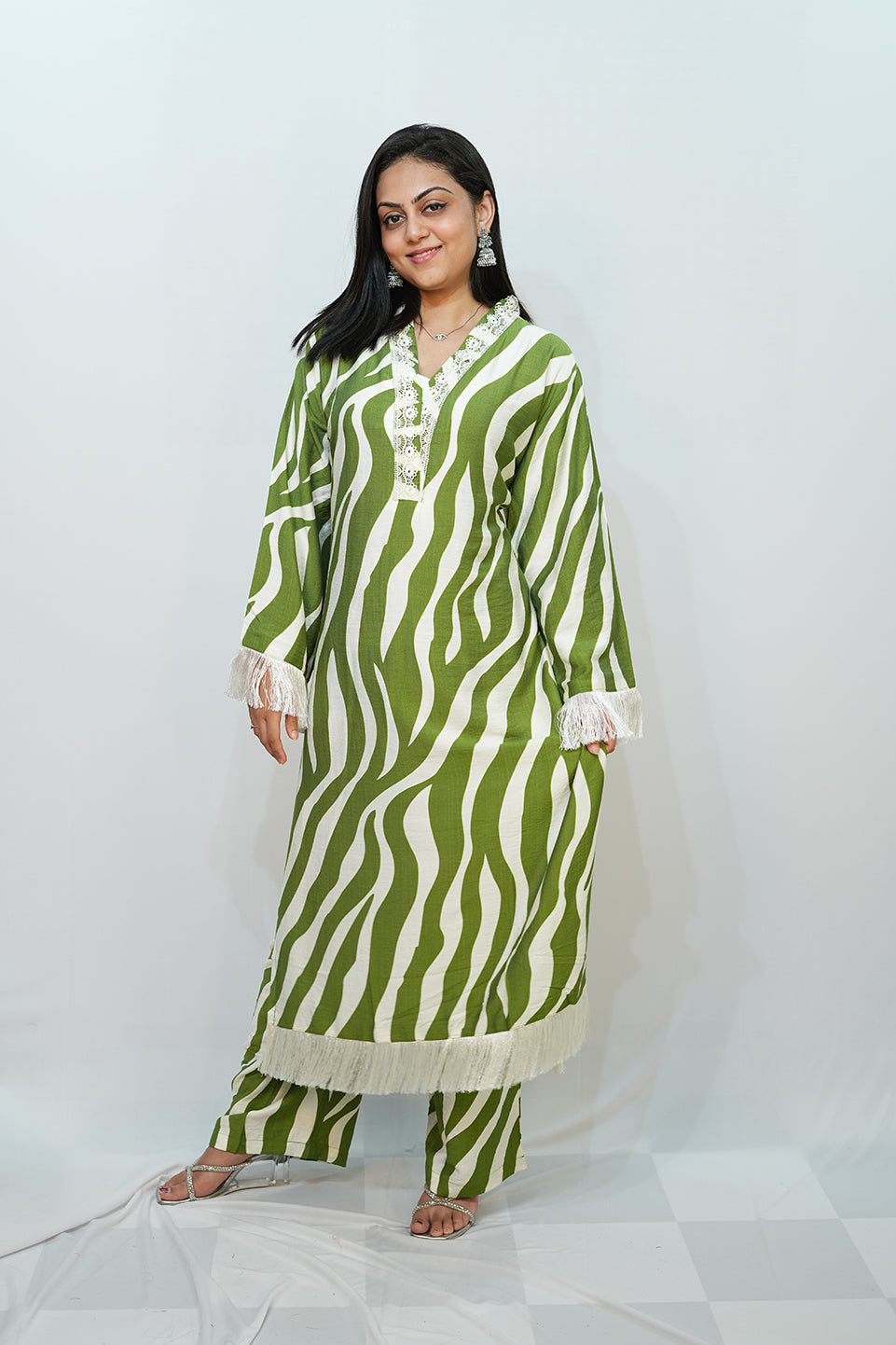 Bling Fabrics Cord Set for Women Stylish Zebra Pattern Green And White Multicolour Poly Rayon -  Resham Lace 1- 10