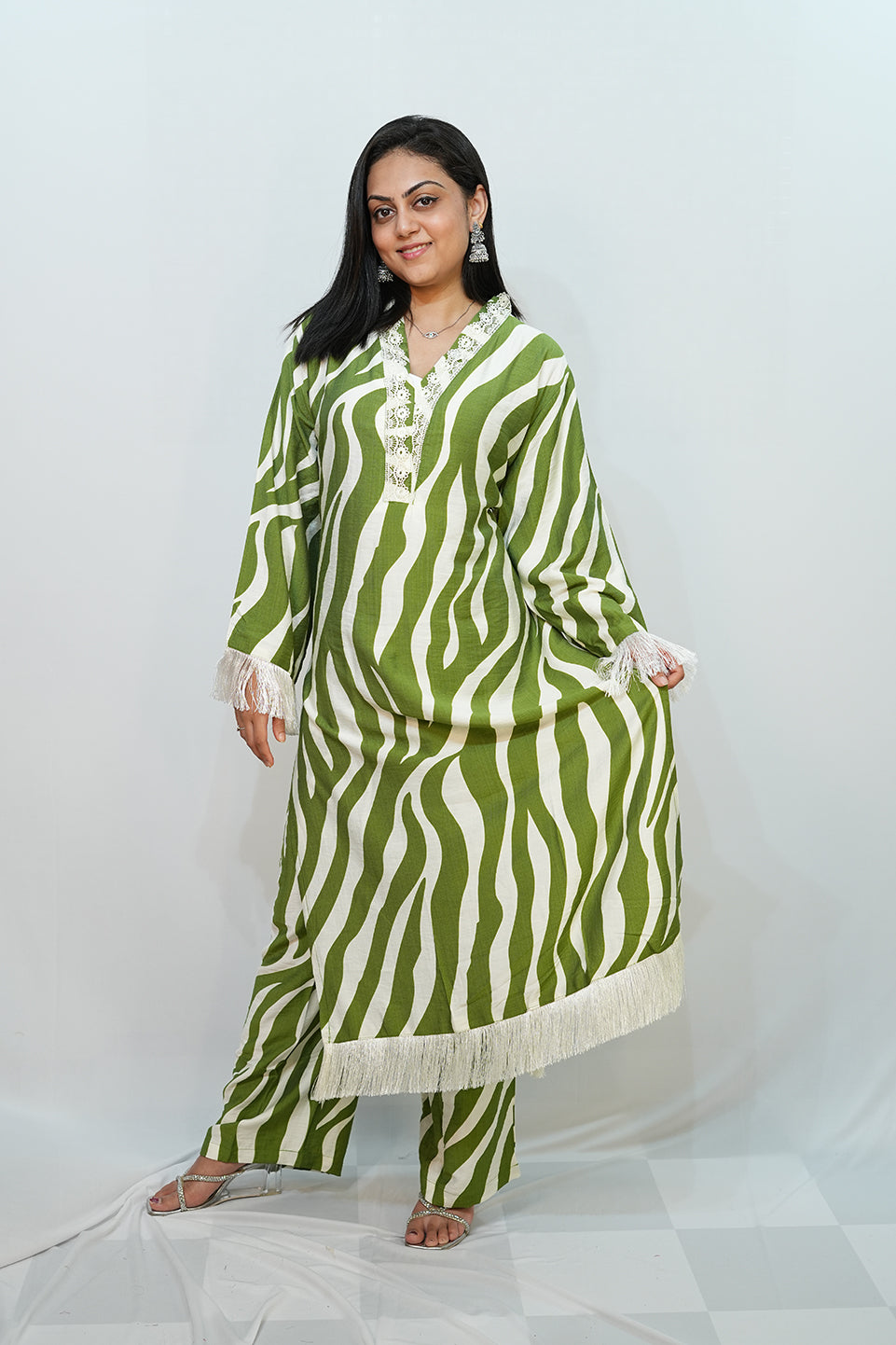 Bling Fabrics Cord Set for Women Stylish Zebra Pattern Green And White Multicolour Poly Rayon -  Resham Lace 1- 10