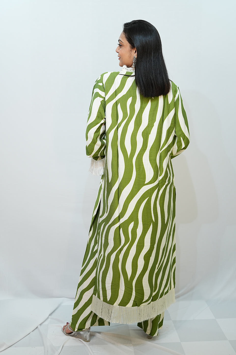 Bling Fabrics Cord Set for Women Stylish Zebra Pattern Green And White Multicolour Poly Rayon -  Resham Lace 1- 10