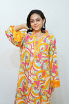 Bling Fabrics Cord Set for Women Stylish Abstarct Pattern Yellow Multicolour Poly Rayon - Resham Lace 1- 09