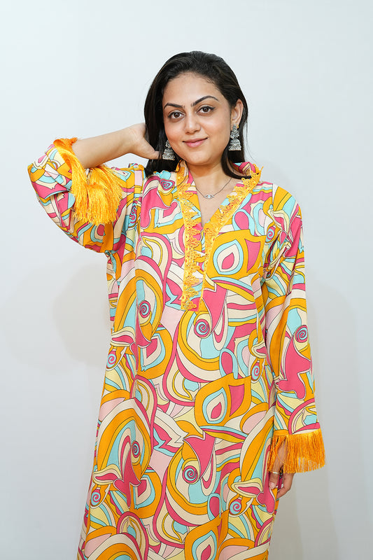 Bling Fabrics Cord Set for Women Stylish Abstarct Pattern Yellow Multicolour Poly Rayon - Resham Lace 1- 09