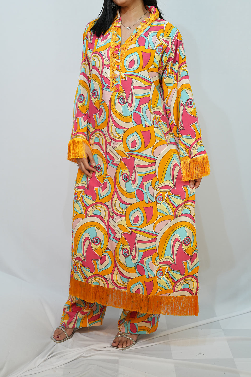 Bling Fabrics Cord Set for Women Stylish Abstarct Pattern Yellow Multicolour Poly Rayon - Resham Lace 1- 09