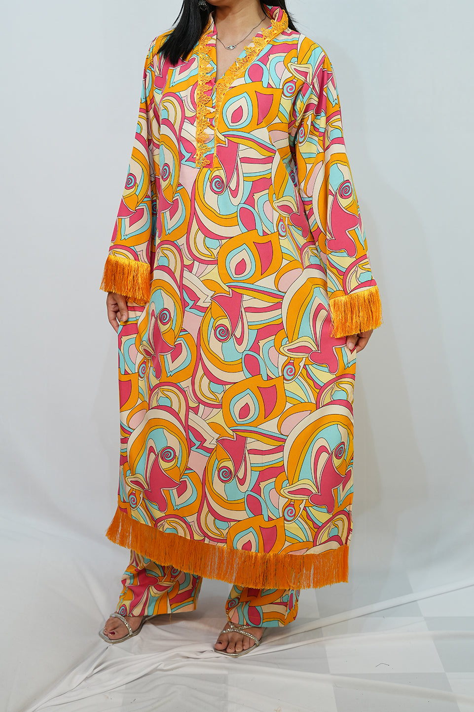 Bling Fabrics Cord Set for Women Stylish Abstarct Pattern Yellow Multicolour Poly Rayon - Resham Lace 1- 09