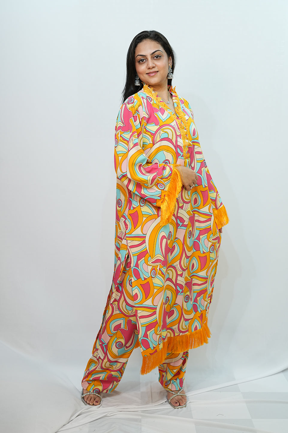 Bling Fabrics Cord Set for Women Stylish Abstarct Pattern Yellow Multicolour Poly Rayon - Resham Lace 1- 09