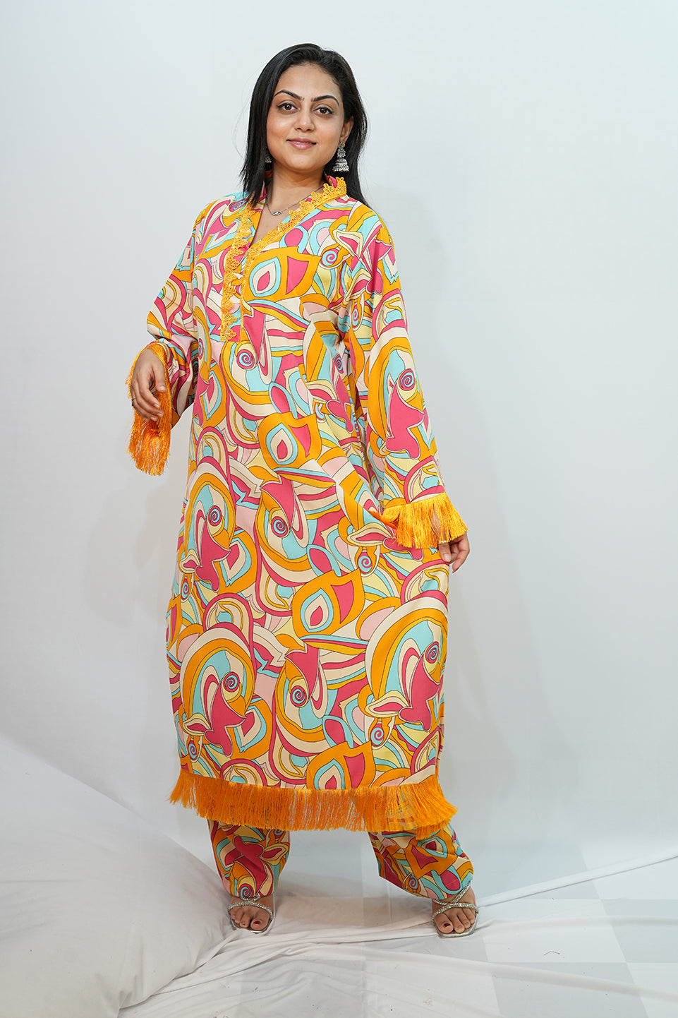Bling Fabrics Cord Set for Women Stylish Abstarct Pattern Yellow Multicolour Poly Rayon - Resham Lace 1- 09
