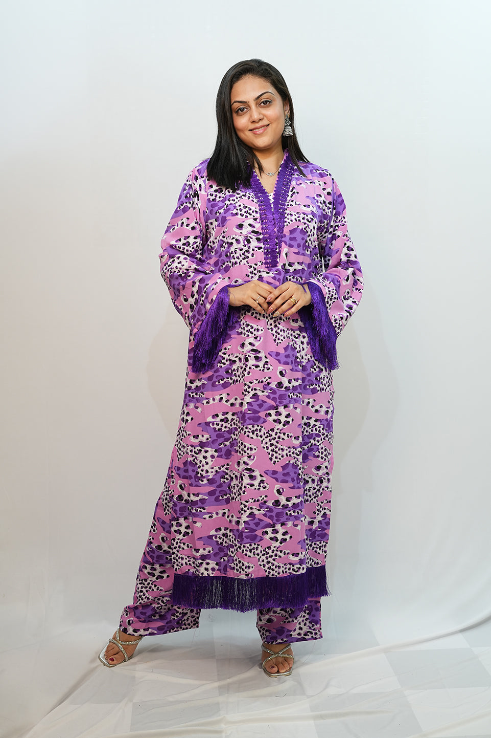 Bling Fabrics Cord Set for Women Stylish Cheetah Pattern Violet Poly Rayon - Resham Lace 1- 08