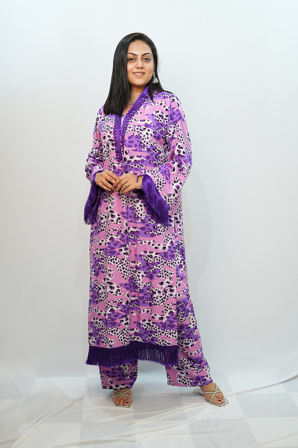 Bling Fabrics Cord Set for Women Stylish Cheetah Pattern Violet Poly Rayon - Resham Lace 1- 08