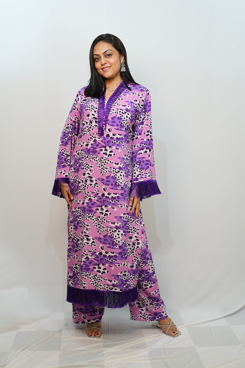 Bling Fabrics Cord Set for Women Stylish Cheetah Pattern Violet Poly Rayon - Resham Lace 1- 08