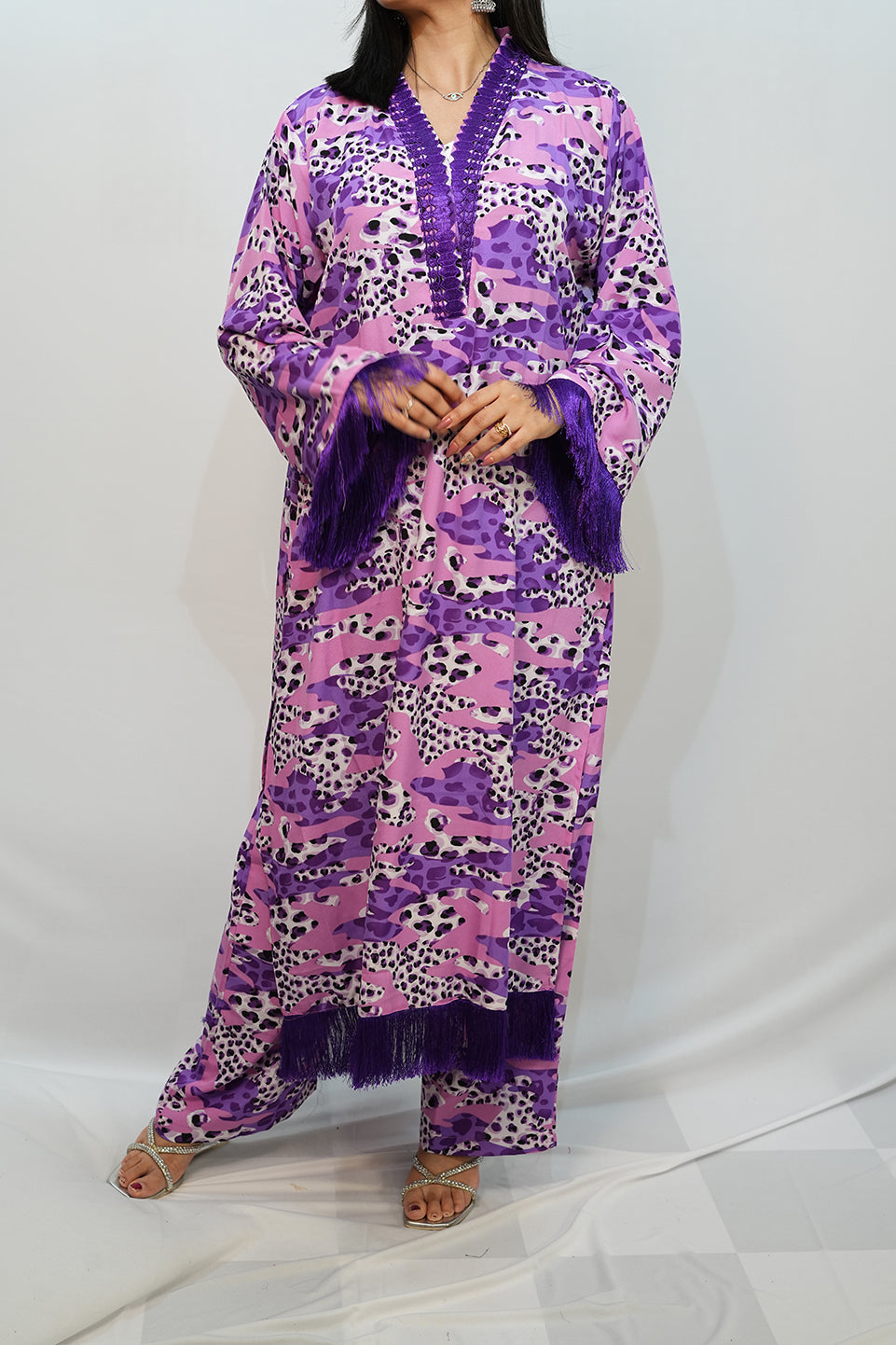 Bling Fabrics Cord Set for Women Stylish Cheetah Pattern Violet Poly Rayon - Resham Lace 1- 08