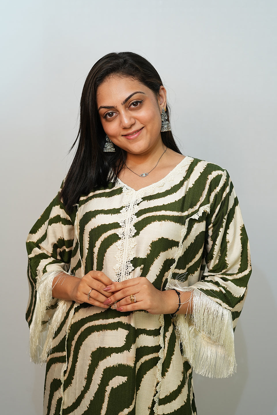 Bling Fabrics Cord Set for Women Stylish Zebra Pattern Olive Green And White Poly Rayon -  Resham Lace 2- 06