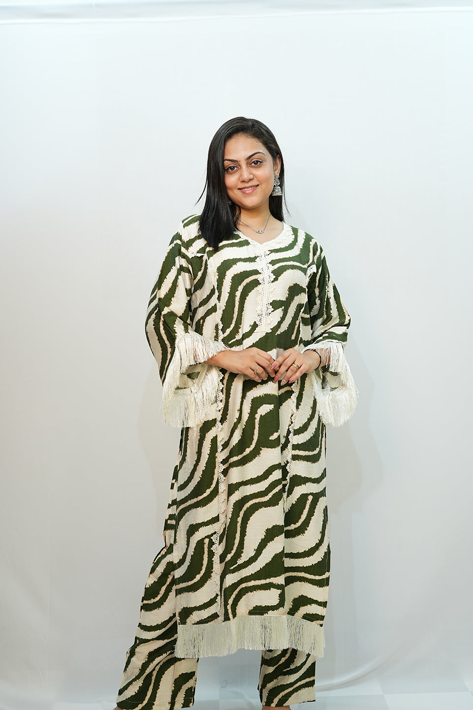Bling Fabrics Cord Set for Women Stylish Zebra Pattern Olive Green And White Poly Rayon -  Resham Lace 2- 06