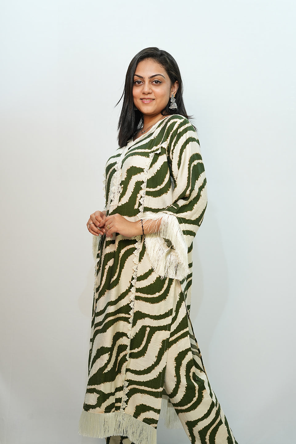 Bling Fabrics Cord Set for Women Stylish Zebra Pattern Olive Green And White Poly Rayon -  Resham Lace 2- 06