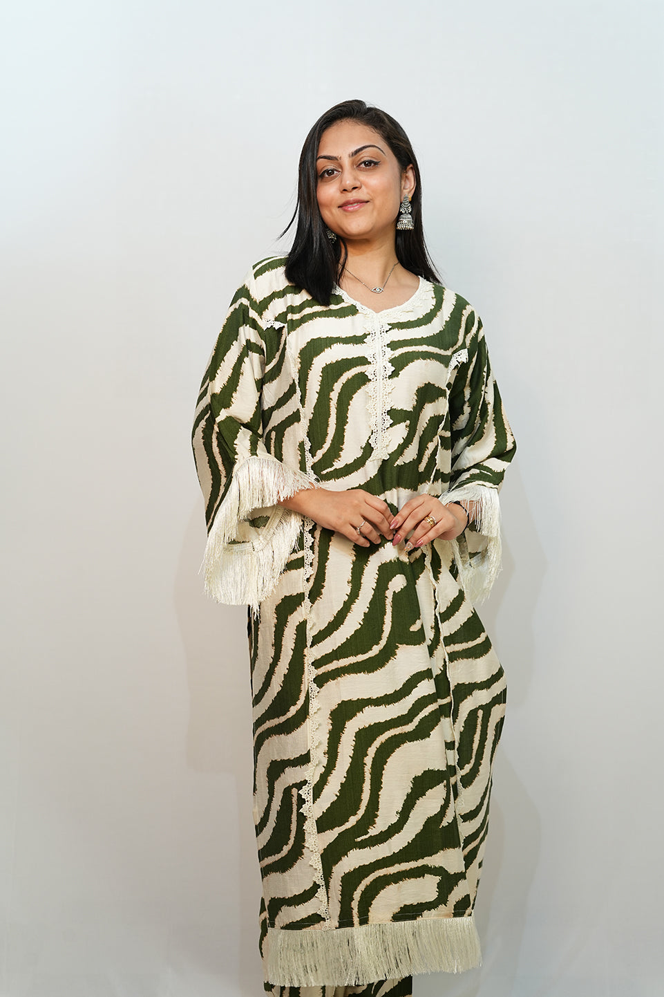 Bling Fabrics Cord Set for Women Stylish Zebra Pattern Olive Green And White Poly Rayon -  Resham Lace 2- 06