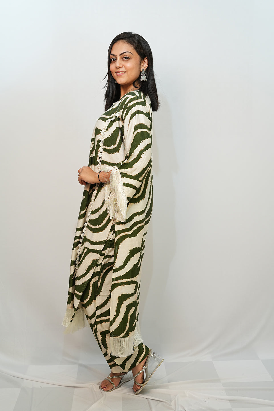 Bling Fabrics Cord Set for Women Stylish Zebra Pattern Olive Green And White Poly Rayon -  Resham Lace 2- 06