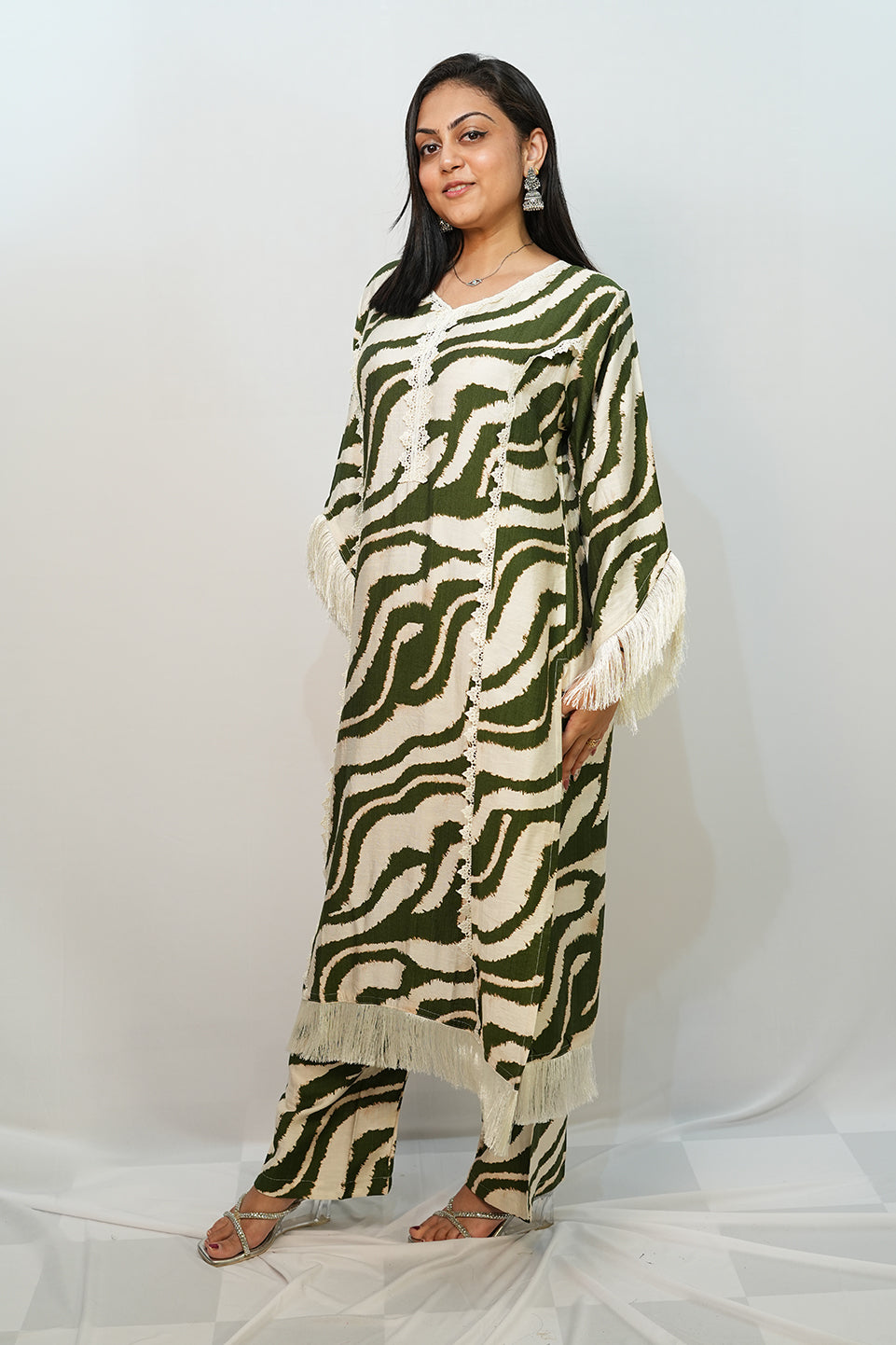 Bling Fabrics Cord Set for Women Stylish Zebra Pattern Olive Green And White Poly Rayon -  Resham Lace 2- 06