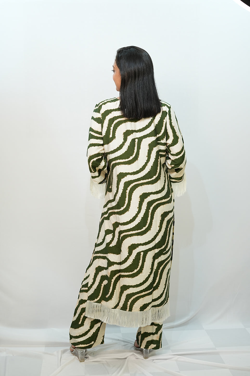 Bling Fabrics Cord Set for Women Stylish Zebra Pattern Olive Green And White Poly Rayon -  Resham Lace 2- 06