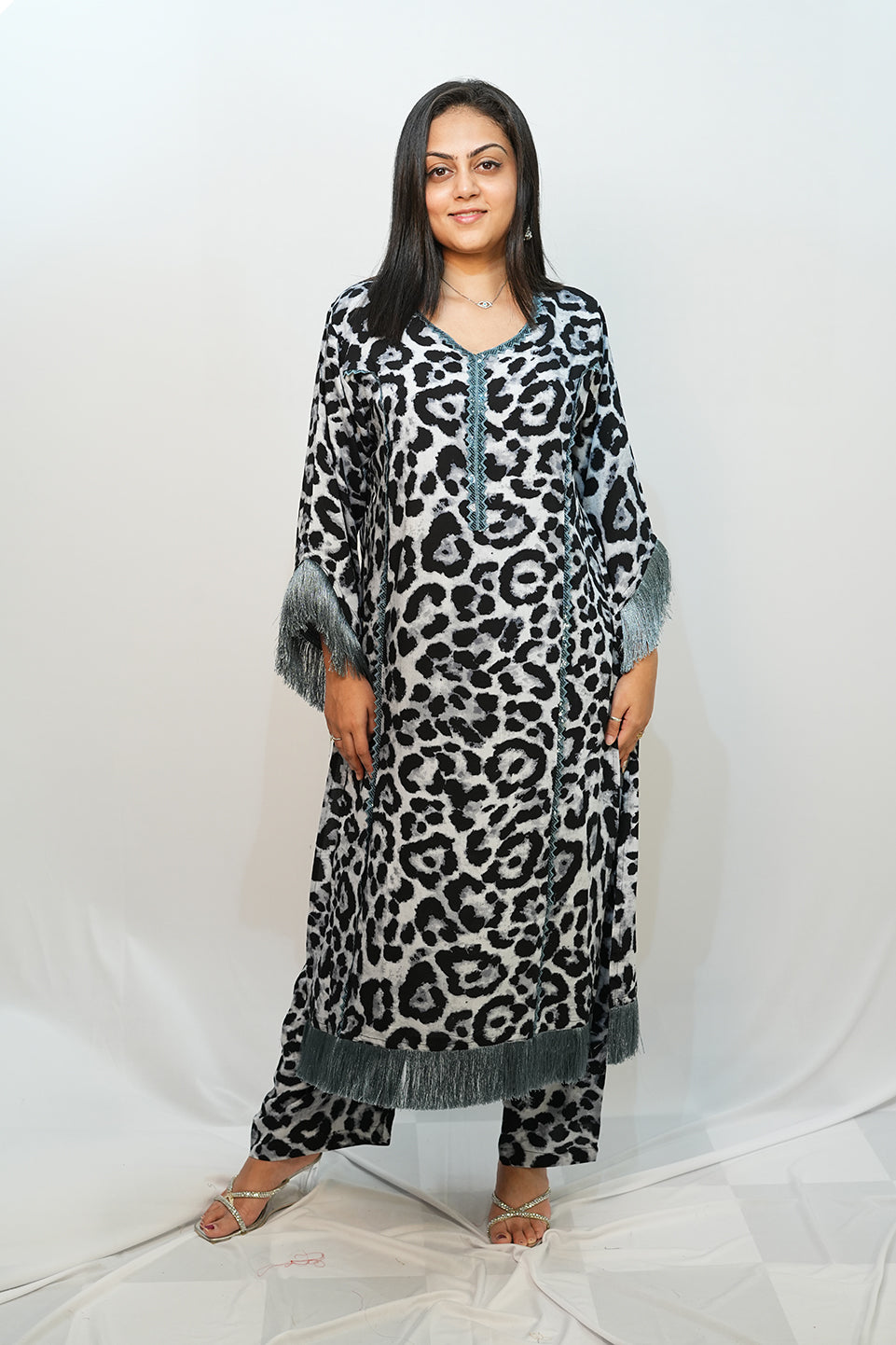 Bling Fabrics Cord Set for Women Stylish Cheetah Pattern Black And White Poly Rayon  - Resham Lace 2- 05