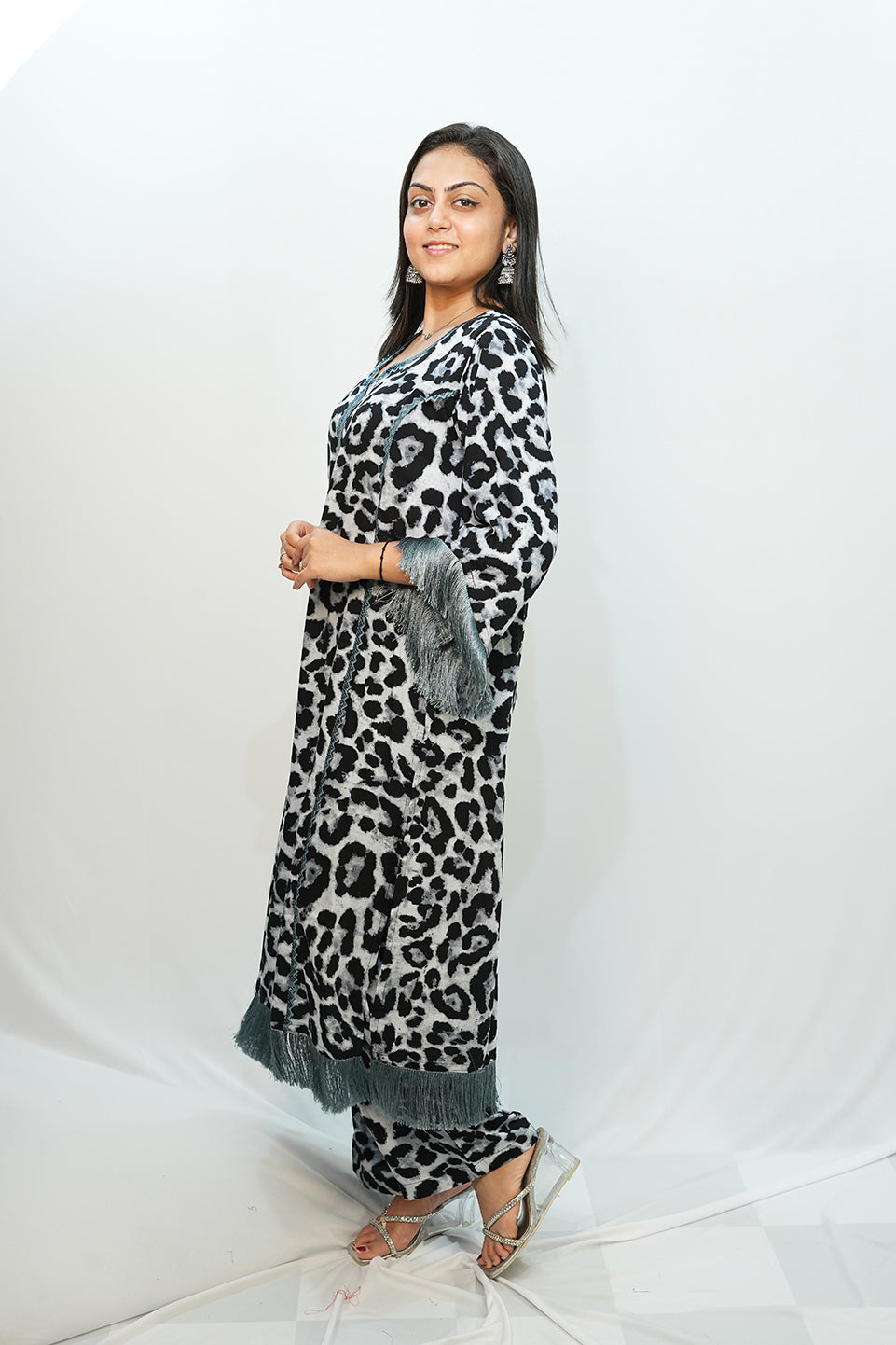 Bling Fabrics Cord Set for Women Stylish Cheetah Pattern Black And White Poly Rayon  - Resham Lace 2- 05