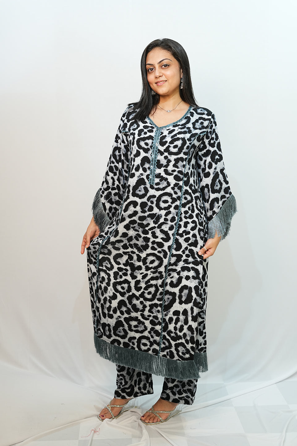 Bling Fabrics Cord Set for Women Stylish Cheetah Pattern Black And White Poly Rayon  - Resham Lace 2- 05