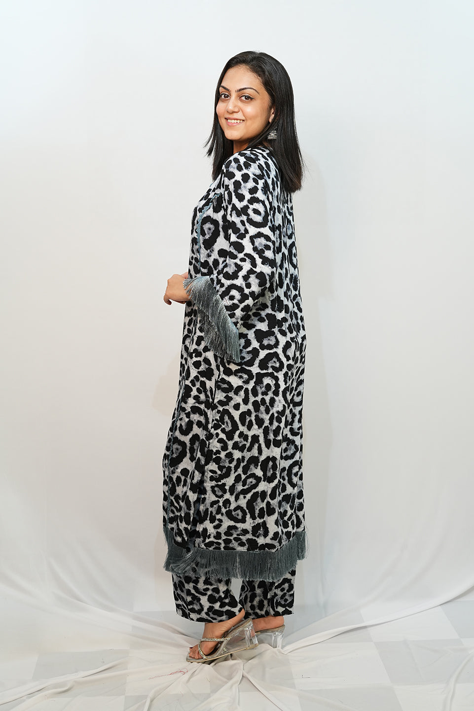 Bling Fabrics Cord Set for Women Stylish Cheetah Pattern Black And White Poly Rayon  - Resham Lace 2- 05