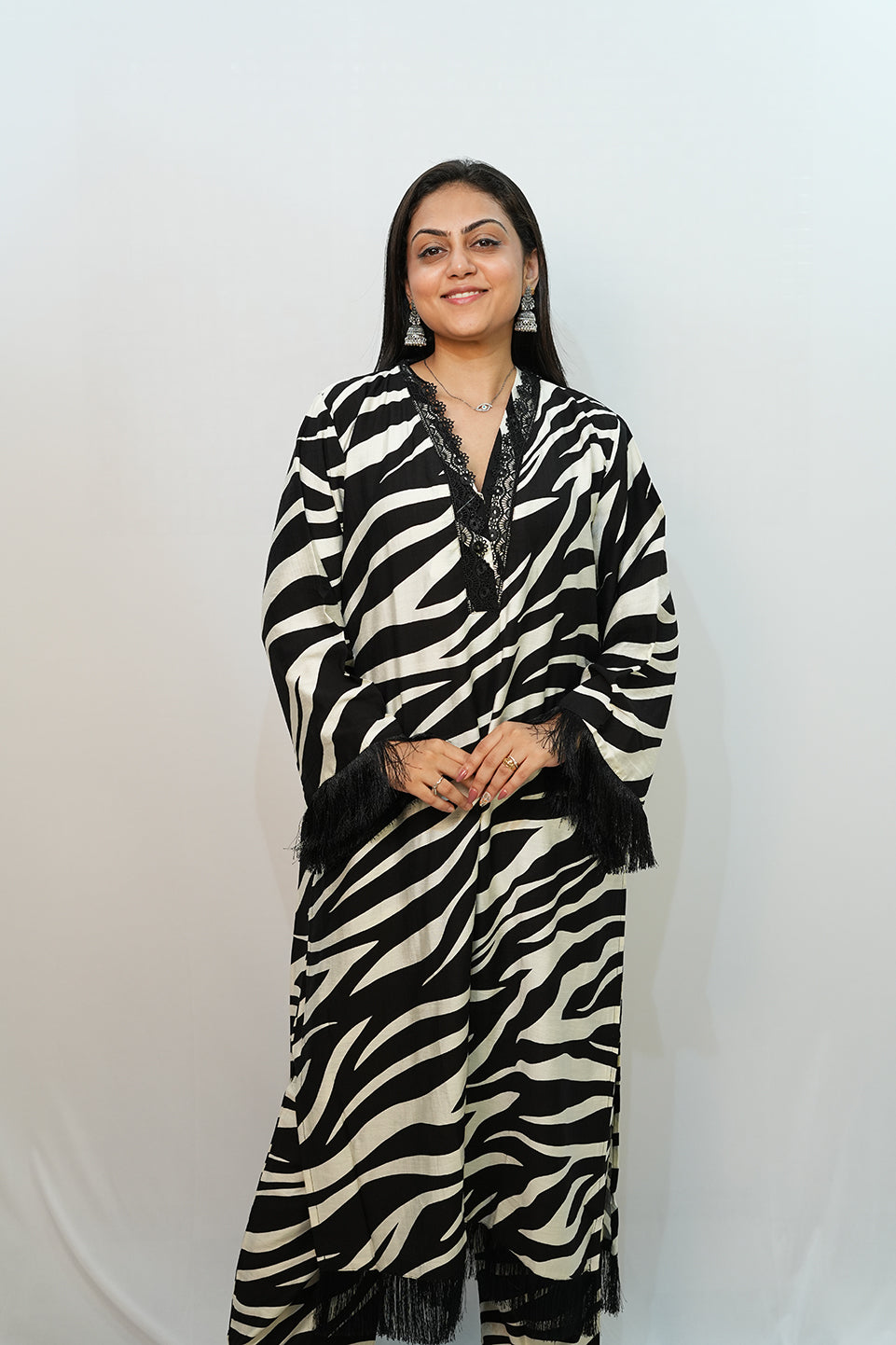 Bling Fabrics Cord Set for Women Stylish Zebra pattern Black and White Poly Rayon - Resham Lace 1- 05