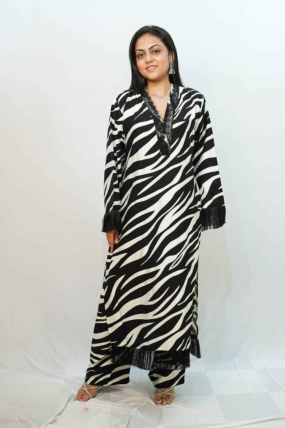 Bling Fabrics Cord Set for Women Stylish Zebra pattern Black and White Poly Rayon - Resham Lace 1- 05